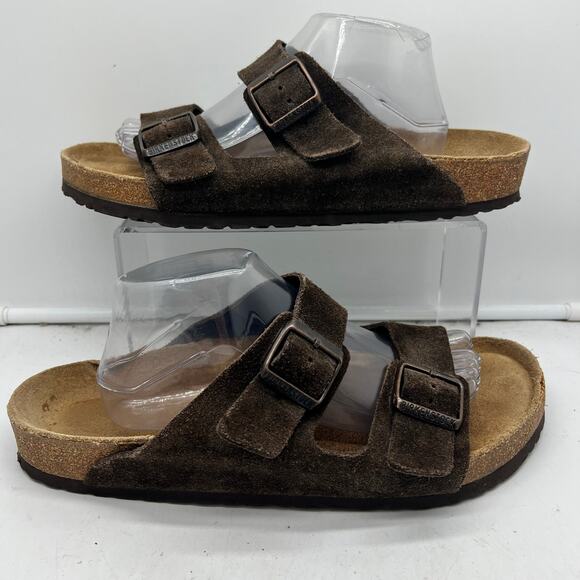 Birkenstock Sandals Mens 12 45 Brown Suede Arizona Brown Slide Shoes - Picture 1 of 9